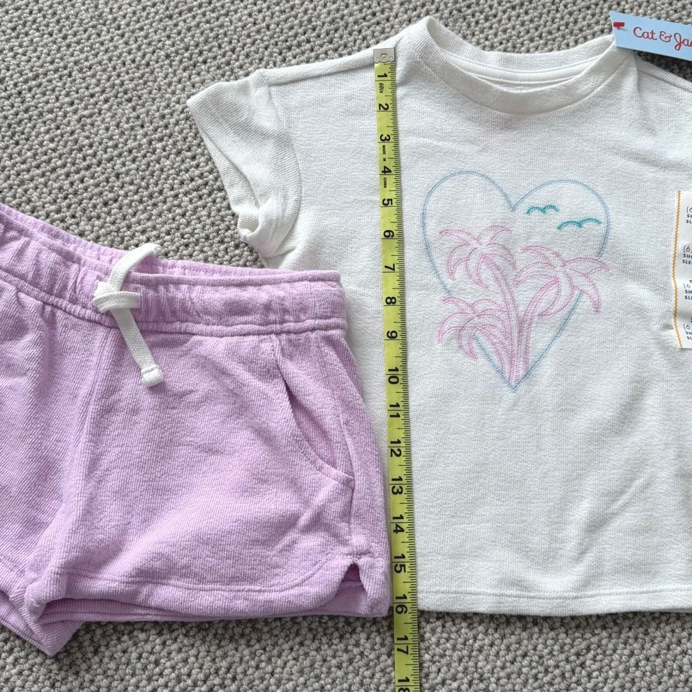 Cat &‎ Jack Girls 2pc Set Cream Palm Tree Heart Top Purple Shorts S 6/7 NEW